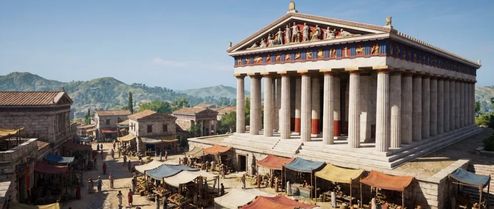 Der vollständig erhaltene dorische Tempel des Hephaistos mit seiner Säulenreihe, im Hintergrund die Akropolis Der vollständig erhaltene dorische Tempel des Hephaistos mit seiner Säulenreihe, im Hintergrund die Akropolis
