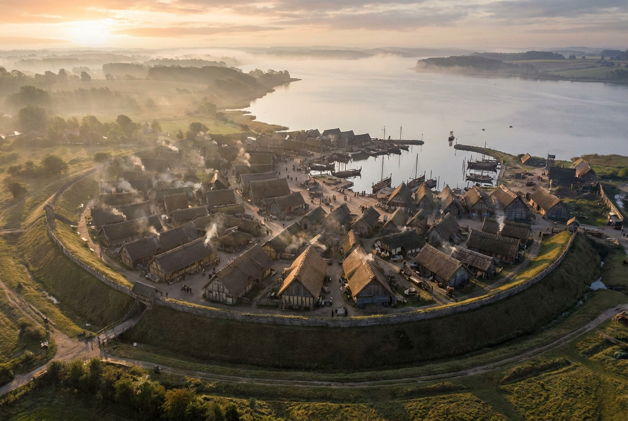 Haithabu mit Langhäusern, Hafen und halbrundem Schutzwall liegt im Morgennebel an einer Bucht der Schlei	