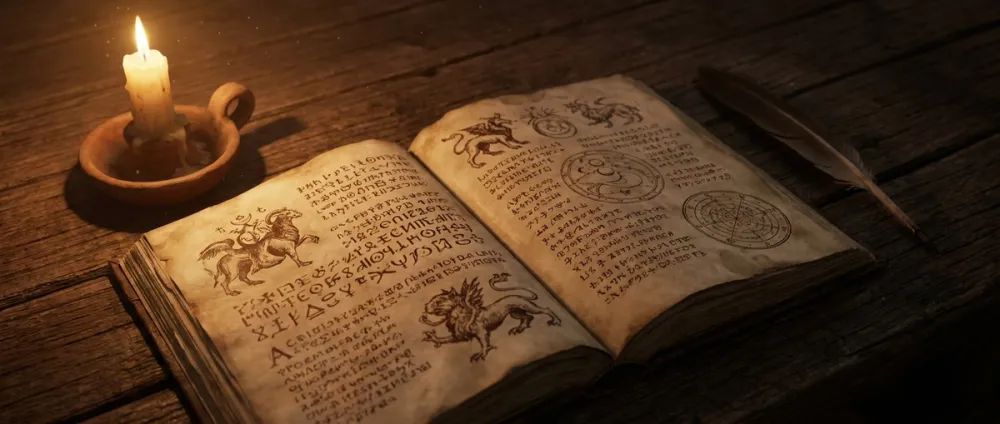 An open ancient manuscript filled with unknown symbols, illuminated by candlelight An open ancient manuscript filled with unknown symbols, illuminated by candlelight