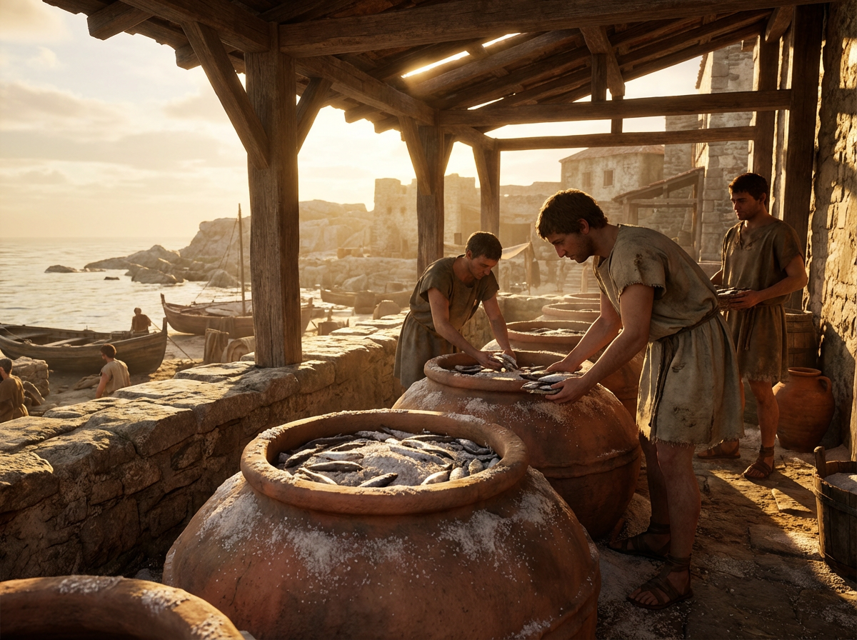 Roman workers layer fish and salt in large clay jars at a seaside workshop to make the fish sauce garum.