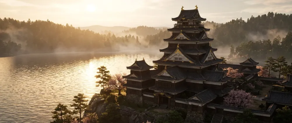 Eine prachtvolle mehrstöckige japanische Burg erhebt sich über einem See im goldenen Abendlicht Eine prachtvolle mehrstöckige japanische Burg erhebt sich über einem See im goldenen Abendlicht