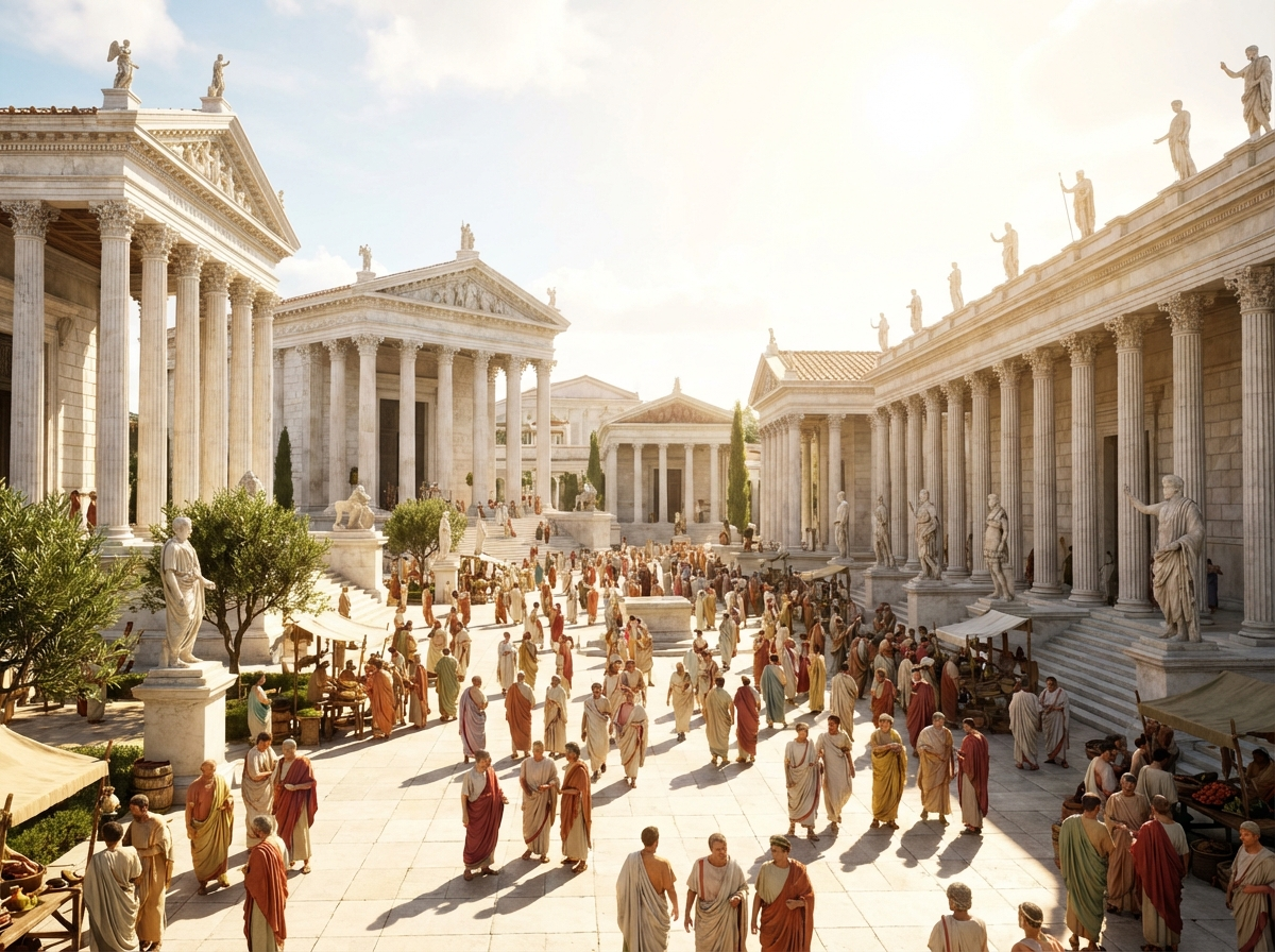 Romans in togas and colourful robes fill the sunlit Forum Romanum between marble temples, statues and market stalls.
