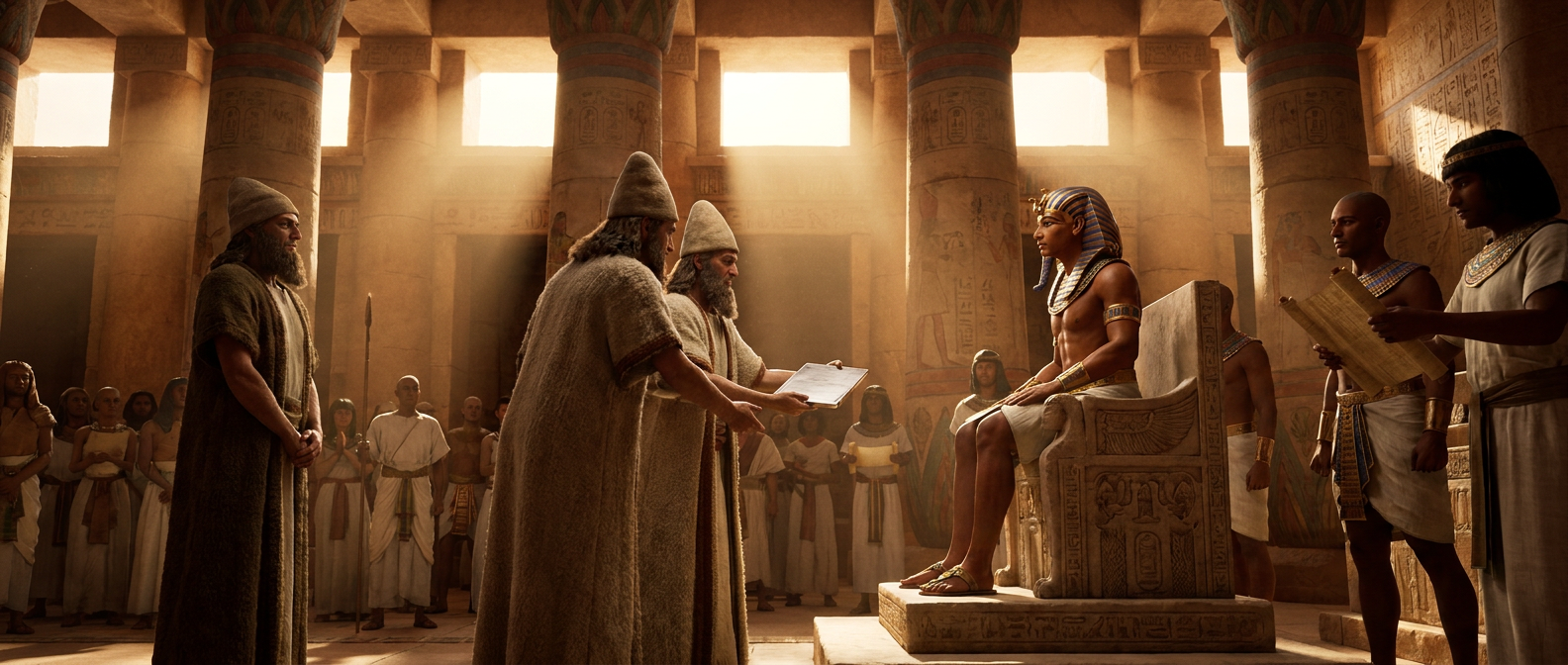 Hittite envoys in long wool robes hand a silver tablet to an ancient Egyptian pharaoh seated on a throne in a columned palace hall, courtiers and scribes watching