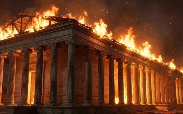 Der große Marmortempel der Artemis in Ephesos steht nachts in Flammen, das Feuer rast durch die hölzernen Dachbalken, die hohen ionischen Säulen leuchten orange