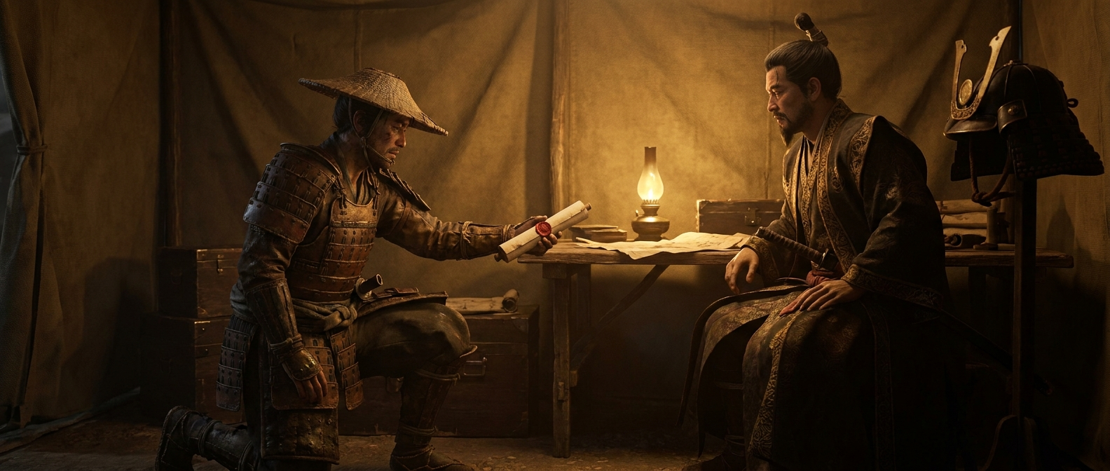 A samurai messenger hands a sealed letter to a general in a tent by lamplight