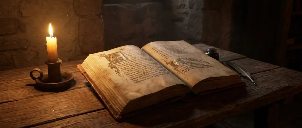 Eine in Leder gebundene mittelalterliche Handschrift liegt aufgeschlagen bei Kerzenlicht, verzierte Initialen sichtbar Eine in Leder gebundene mittelalterliche Handschrift liegt aufgeschlagen bei Kerzenlicht, verzierte Initialen sichtbar