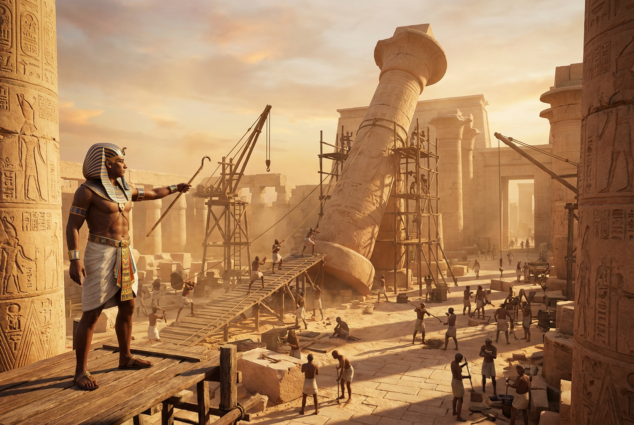 Ein Pharao mit Krummstab steht auf einem Gerüst und überwacht, wie Arbeiter eine riesige Tempelsäule mit Seilen aufrichten