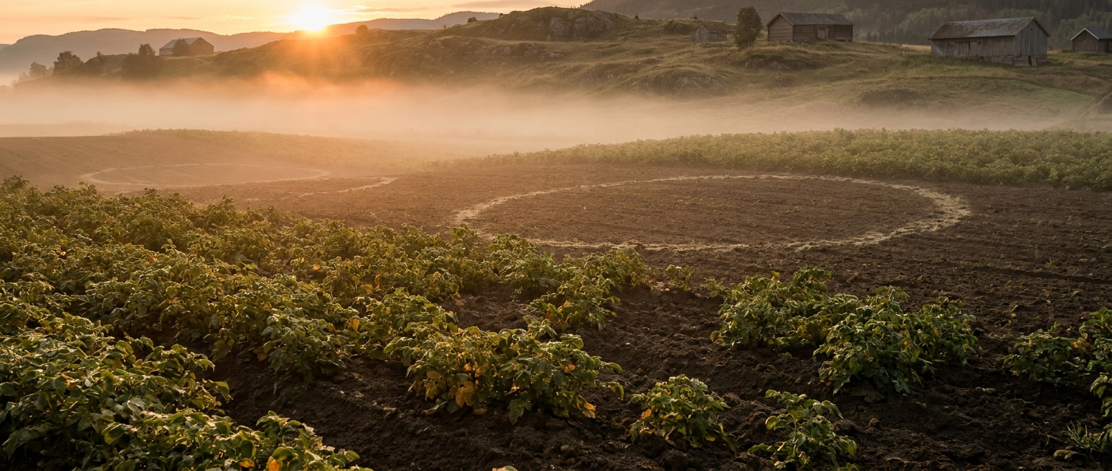 A potato field lies at dawn in southern Norway, the pale circular outlines of leveled burial mounds showing faintly in the soil, no people
