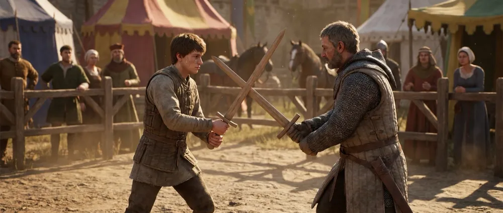 A young squire practices swordplay with an older knight on a tournament ground A young squire practices swordplay with an older knight on a tournament ground