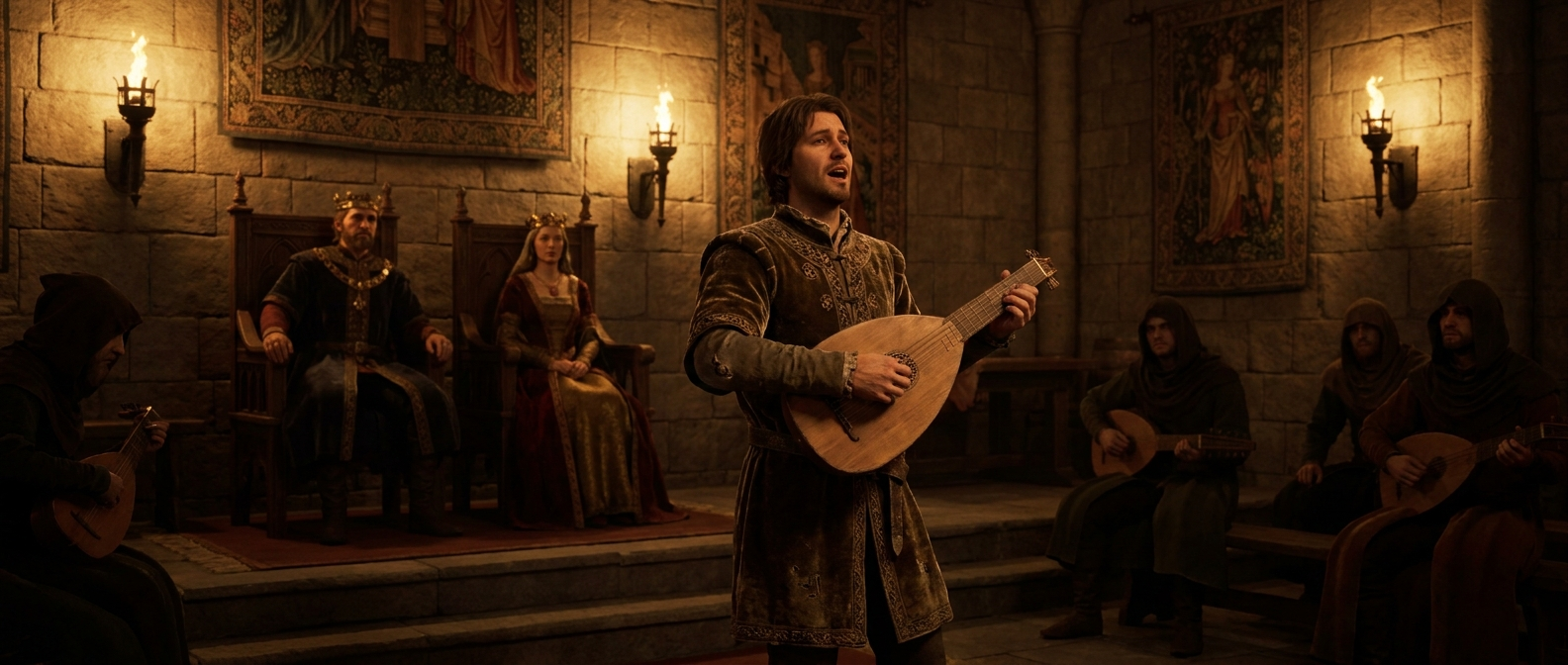 A male singer performs in a stone hall before a seated landgrave and his wife, torches on the walls, rival singers waiting nearby