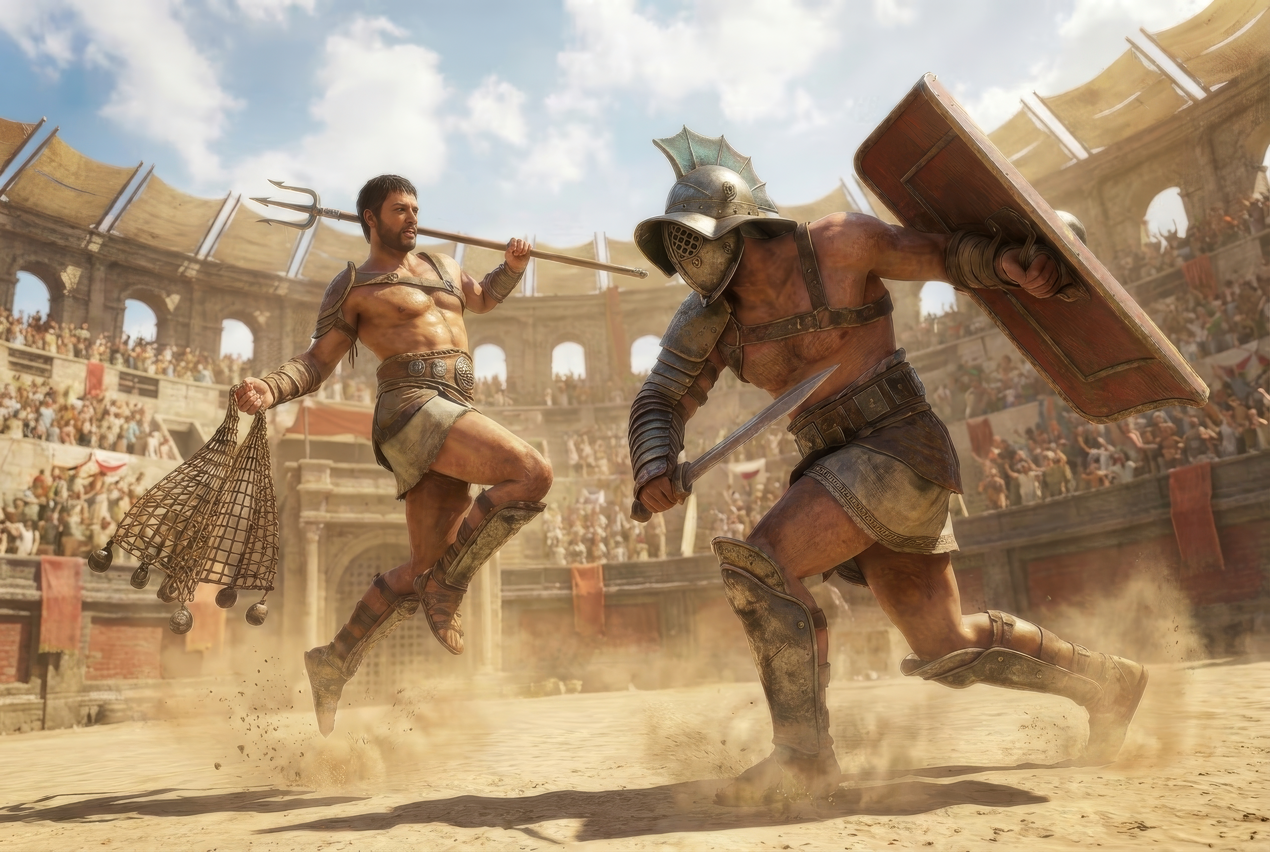 A retiarius with trident and net battles a murmillo with shield and sword in a packed Roman arena under a bright sky