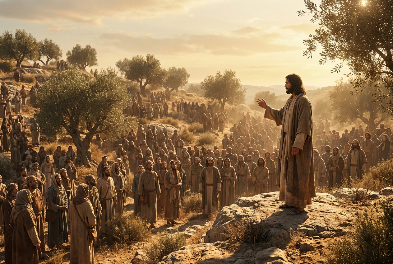 Jesus stands on a rock among olive trees and speaks to many people on the hillside in golden evening light