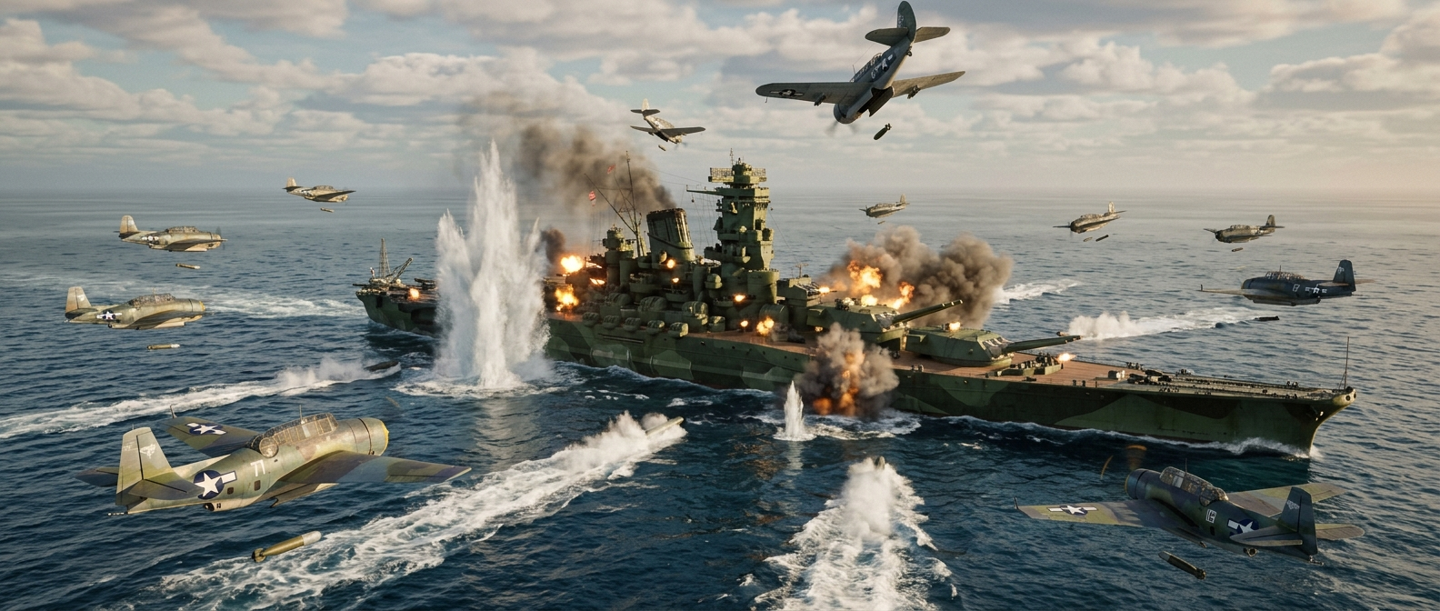 Amerikanische Trägerflugzeuge greifen am 24. Oktober 1944 in der Sibuyan-See das japanische Schlachtschiff Musashi an, Bombeneinschläge und Torpedospuren umgeben das riesige Schiff
