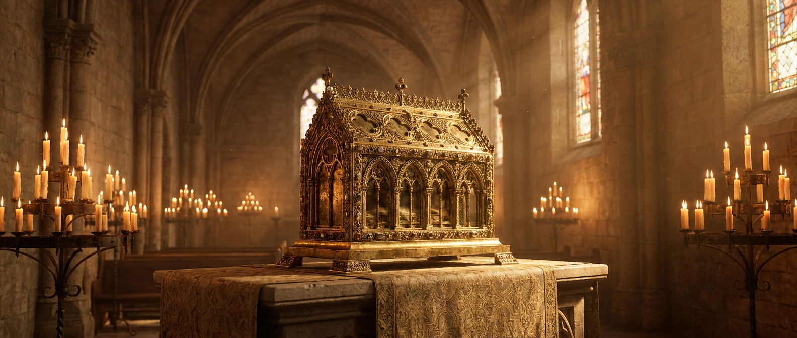 A golden Gothic reliquary shrine on an altar in a stone church by candlelight