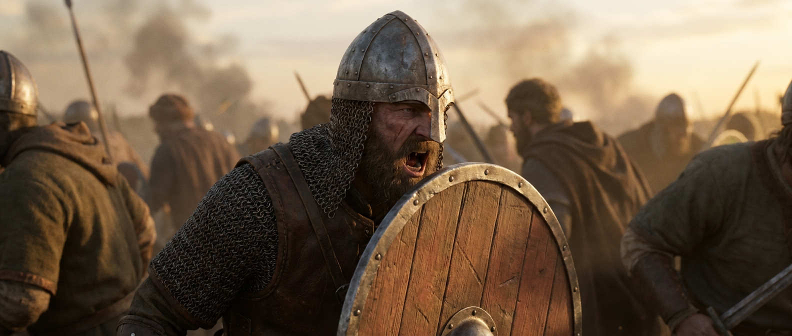 A Viking warrior bites the rim of his shield, roaring, in the middle of a battle line