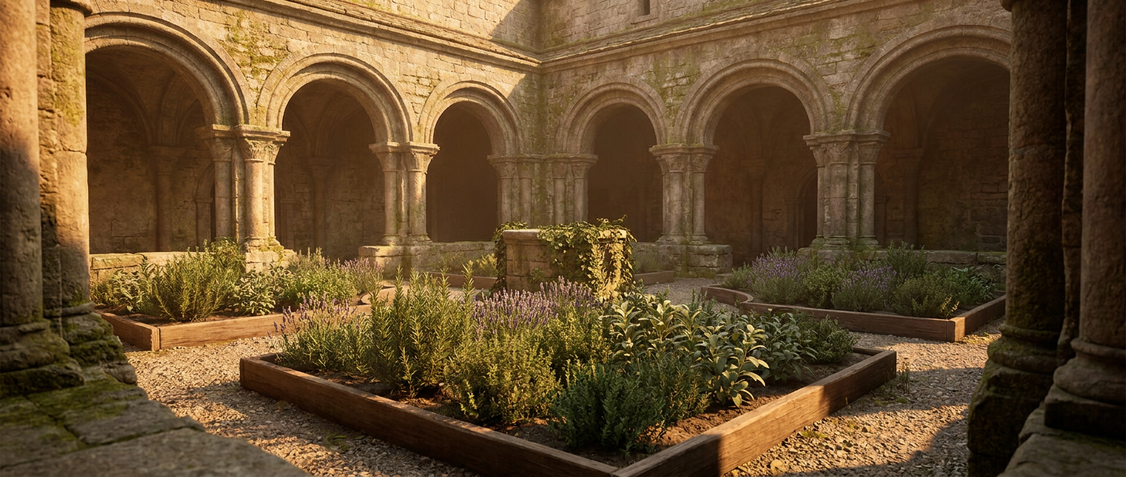 A quiet medieval stone cloister with rounded Romanesque arches and a small herb garden in the center