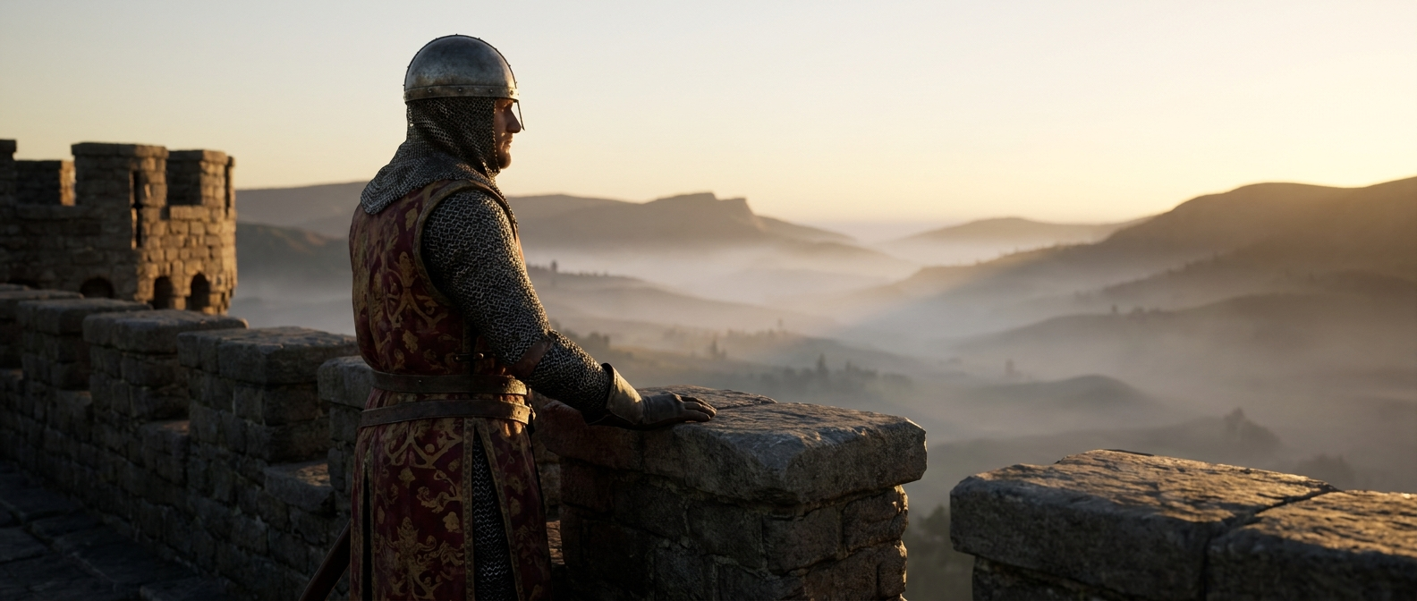 A knight in a tabard stands in profile on a castle wall at dawn, one hand on the stone, looking out over a misty valley