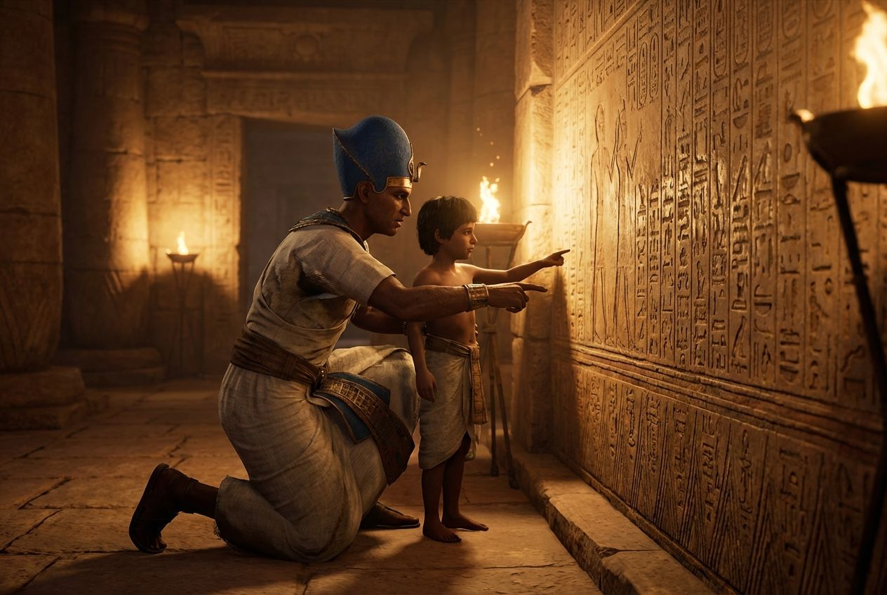 Ein Pharao mit blauer Krone kniet neben einem Jungen und zeigt im Fackelschein auf Hieroglyphen an einer Tempelwand