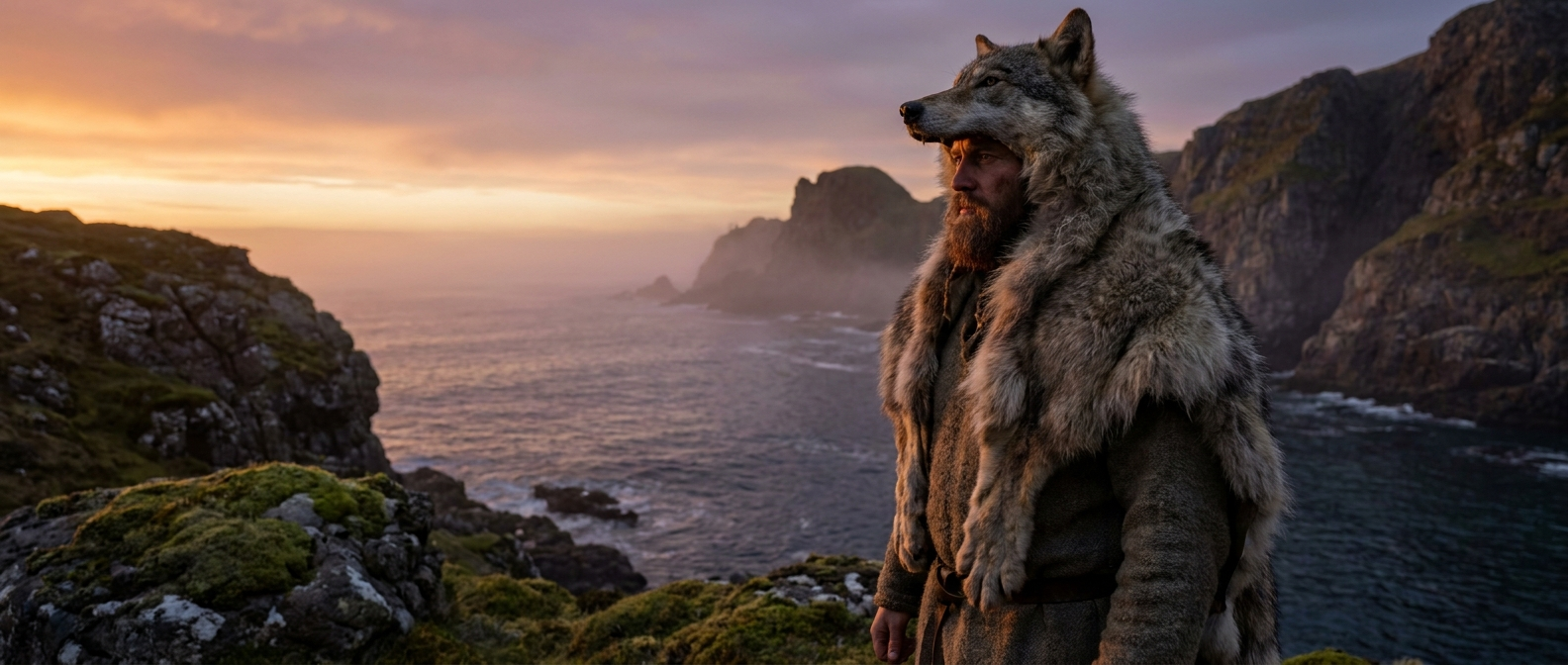 A man in a wolf pelt stands on a rocky fjord shore at dawn and looks at the sea