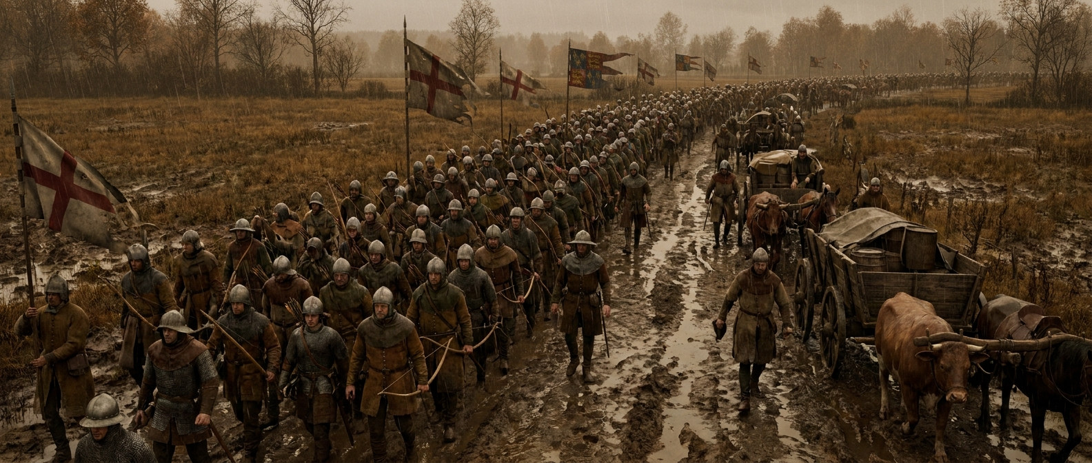 Englische Soldaten und Bogenschützen ziehen im Oktober 1415 im Herbstregen in einer langen Kolonne über eine schlammige Straße, dazwischen Wagen und Banner, nasse Felder links und rechts