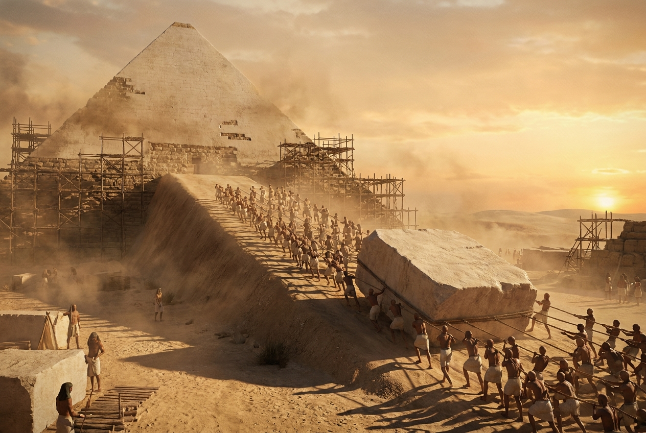Arbeiter ziehen bei Sonnenuntergang einen riesigen Kalksteinblock eine Rampe an der halbfertigen Großen Pyramide von Gizeh hinauf
