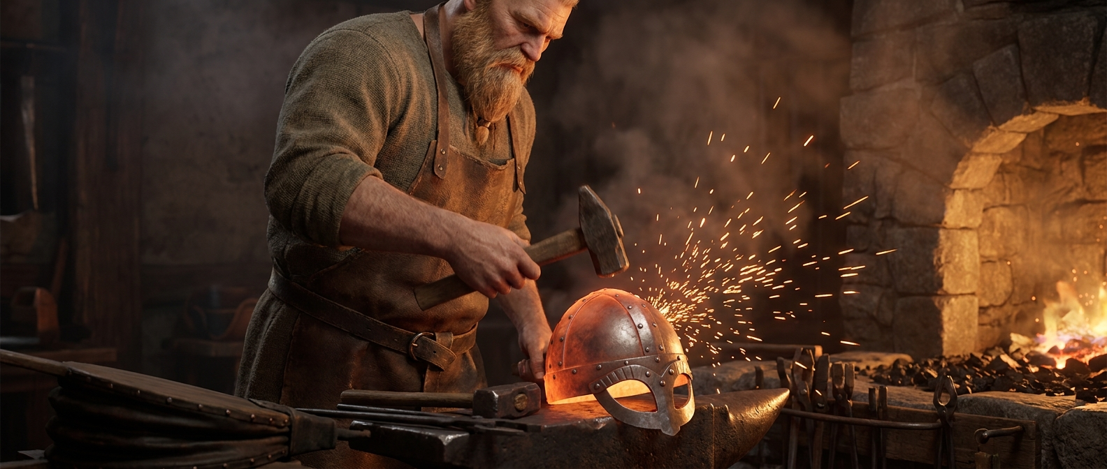 Ein nordischer Schmied in einer Lederschürze schmiedet in einer verrauchten Schmiede einen runden Eisenhelm mit Augenschutz auf dem Amboss, Funken sprühen