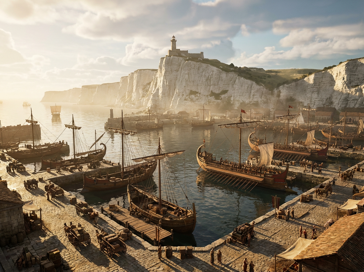 Galleys and merchant ships lie in the harbour of Dubris, today's Dover, beneath the white chalk cliffs crowned by a lighthouse.