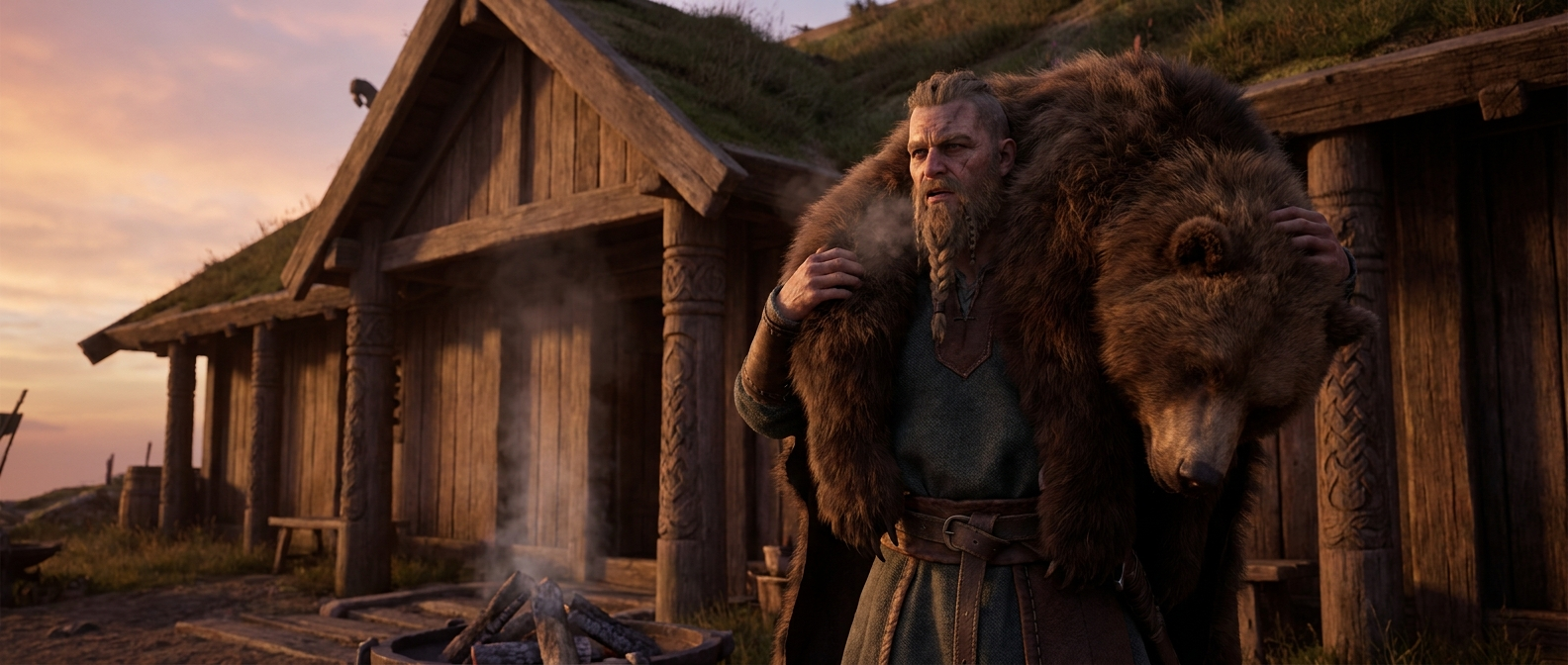 A Viking warrior pulls a heavy bear skin over his shoulders in front of a longhouse at dawn
