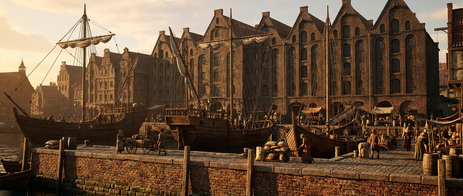 Mehrere mittelalterliche Handelsschiffe liegen in einem backsteingotischen Hafen, Speicherhäuser im Hintergrund