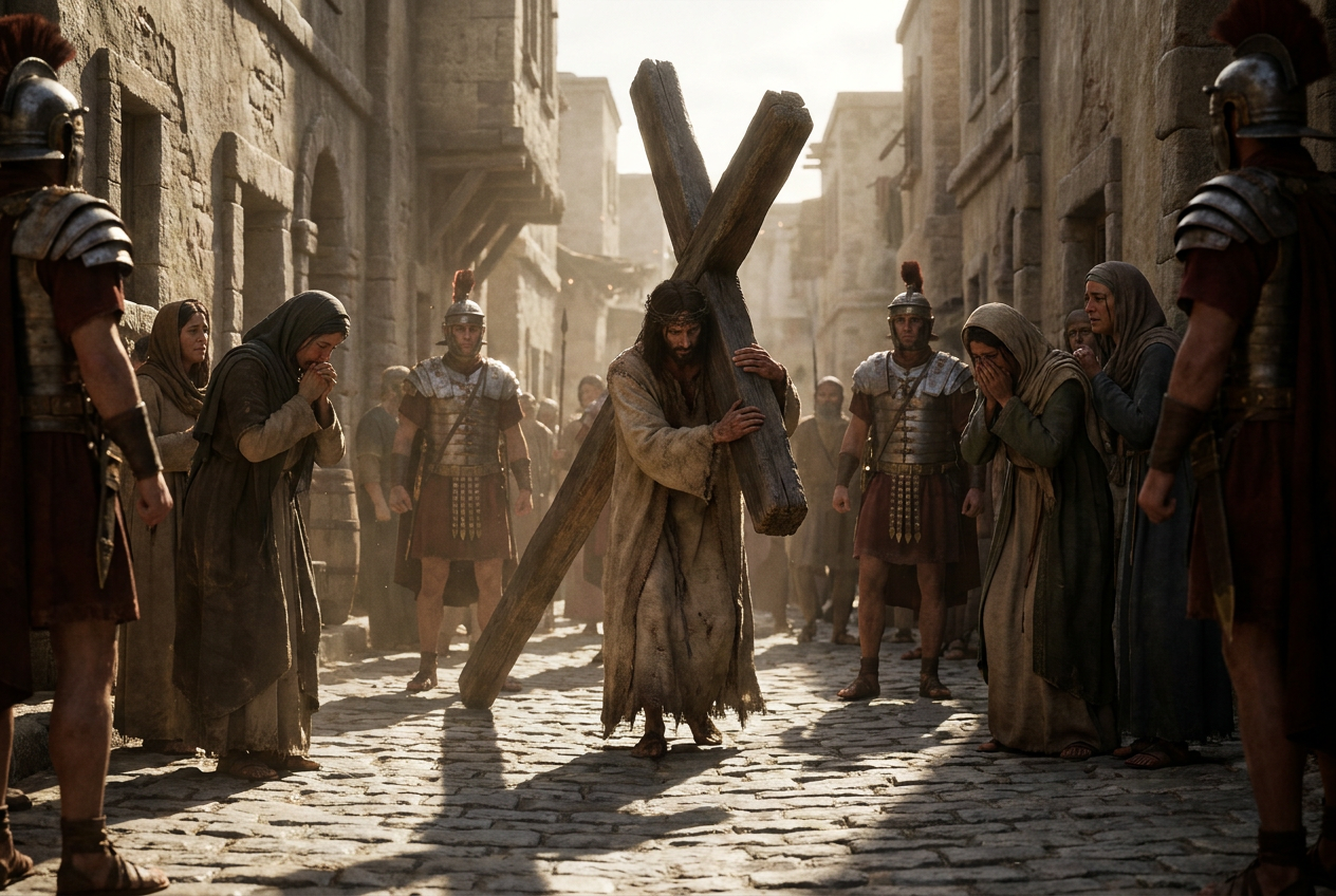 Jesus carries the heavy wooden cross through a narrow street as Roman soldiers line the way and women weep