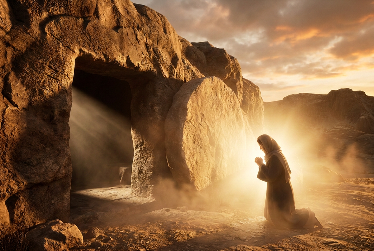 A woman kneels in prayer before an open rock tomb, the stone rolled away, light streaming out into the sunrise