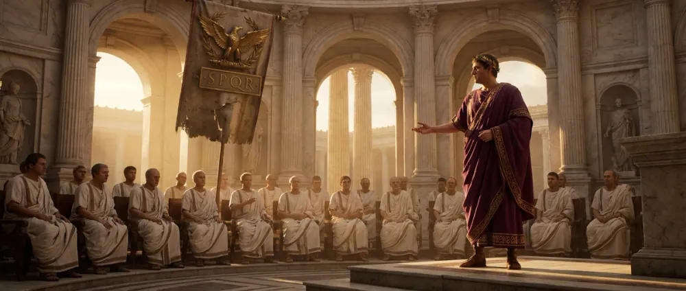 Ein römischer Kaiser in Toga steht vor einer Gruppe von Senatoren, im Hintergrund ein Legionsstandarte mit SPQR Ein römischer Kaiser in Toga steht vor einer Gruppe von Senatoren, im Hintergrund ein Legionsstandarte mit SPQR