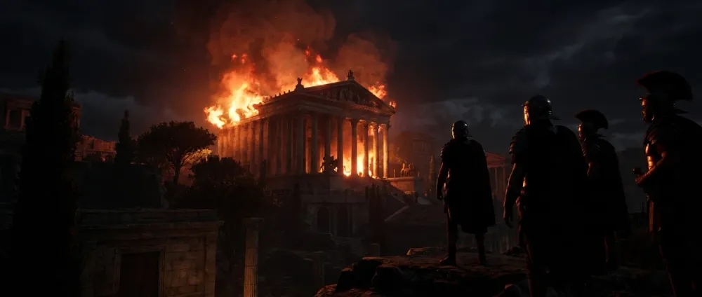 The Temple of Jupiter on the Capitoline Hill in Rome burns at night, flames and smoke rising into the dark sky The Temple of Jupiter on the Capitoline Hill in Rome burns at night, flames and smoke rising into the dark sky