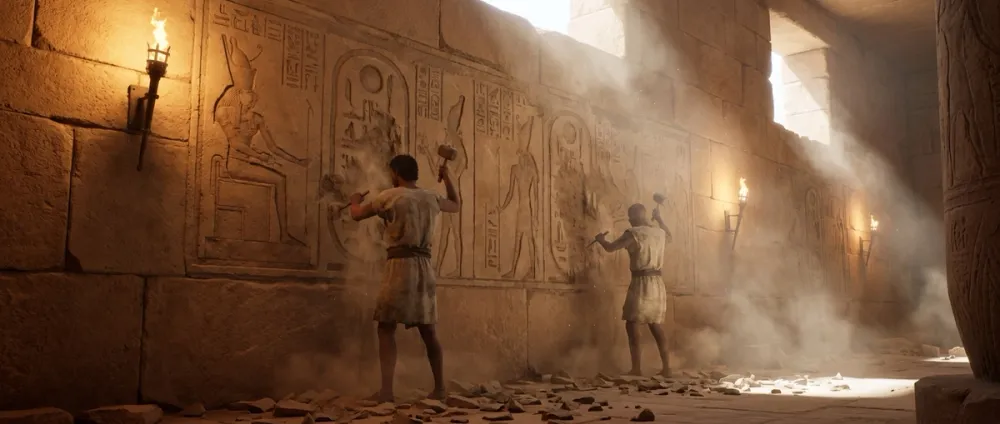 Altägyptische Tempelwände, aus denen Name und Abbild eines Pharaos bewusst herausgemeißelt wurden Altägyptische Tempelwände, aus denen Name und Abbild eines Pharaos bewusst herausgemeißelt wurden