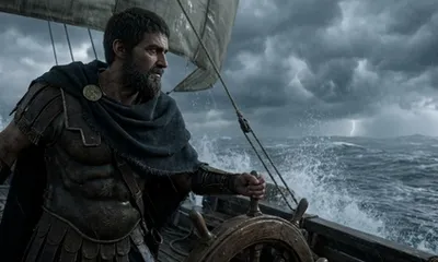 Odysseus steht am Ruder eines Schiffes und blickt über eine gewaltige, stürmische See