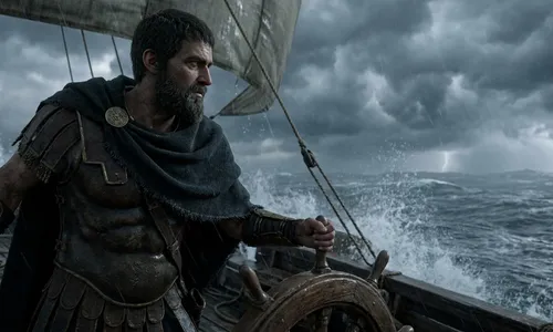 Odysseus steht am Ruder eines Schiffes und blickt über eine gewaltige, stürmische See