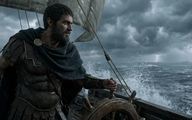Odysseus standing at the helm of a ship, gazing out over a vast stormy sea