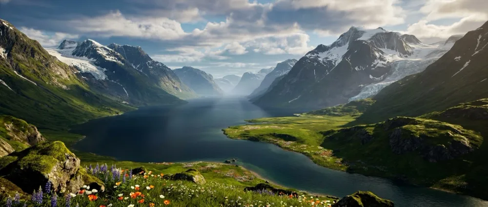 Ein grüner, üppiger Fjordtal in Grönland im Sommer, umgeben von schneebedeckten Bergen Ein grüner, üppiger Fjordtal in Grönland im Sommer, umgeben von schneebedeckten Bergen