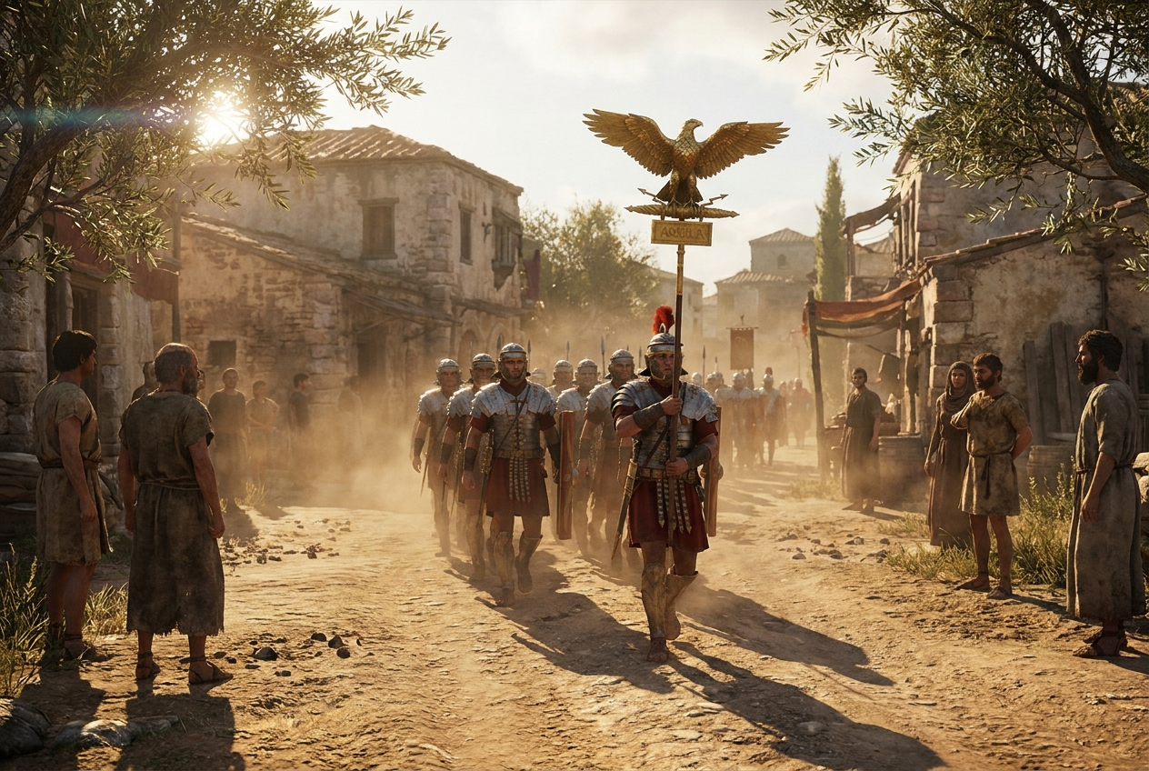A Roman legion with a golden eagle standard marches through a dusty village street as villagers watch