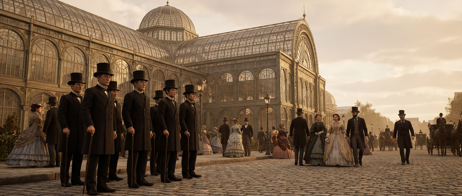Japanese delegates in Western frock coats stand in front of the Paris World's Fair pavilion in 1867, ladies and gentlemen in 1860s fashion walking past