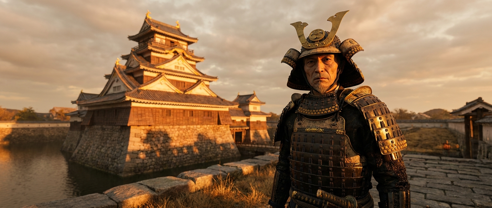 Toyotomi Hideyoshi, ein schlanker Mann in vergoldeter Samurai-Rüstung, steht frontal zur Kamera vor einer prächtigen japanischen Burg im Abendlicht