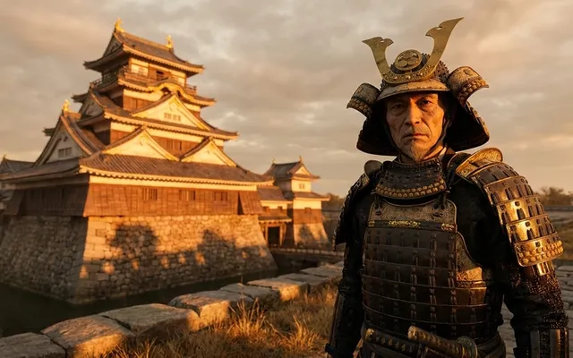 Toyotomi Hideyoshi, a lean man in gilded samurai armor, stands facing the camera in front of a grand Japanese castle at sunset