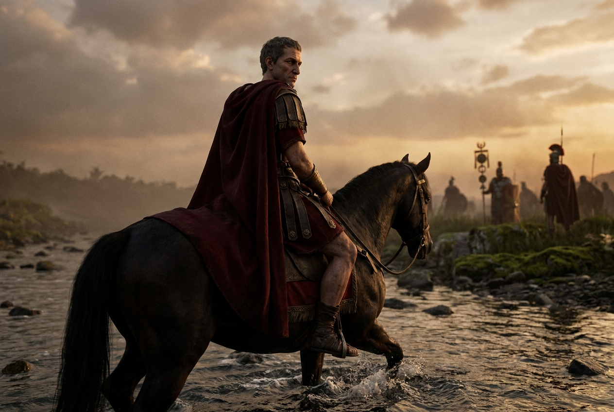 Julius Caesar in a red cloak rides through the Rubicon, his legionaries waiting on the bank with their standards at dusk.