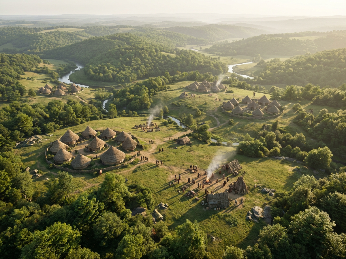 Thatched roundhouses of Celtic villages lie scattered across a green, wooded river valley in Gaul in warm light.