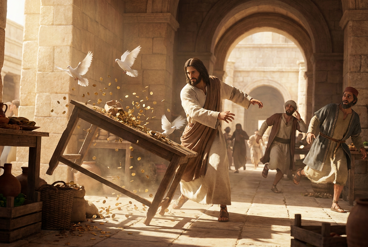 Jesus overturns a table in the Temple courtyard as coins and doves fly through the air and merchants flee