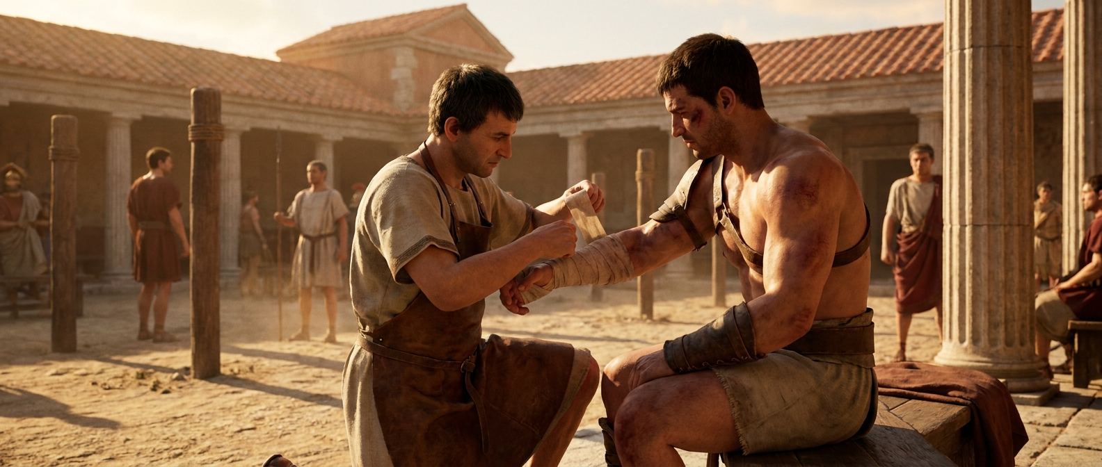 Ein römischer Arzt verbindet im Hof einer Gladiatorenschule den verletzten Arm eines Gladiators