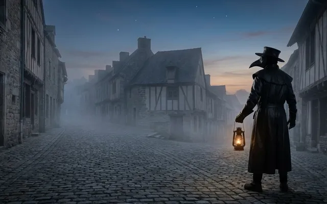 A lone plague doctor stands with a raised lantern in front of an abandoned, fog-covered medieval town at dusk