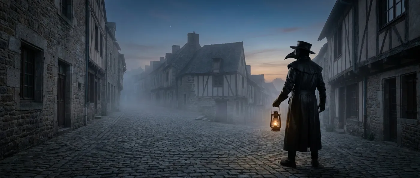 A lone plague doctor stands with a raised lantern in front of an abandoned, fog-covered medieval town at dusk