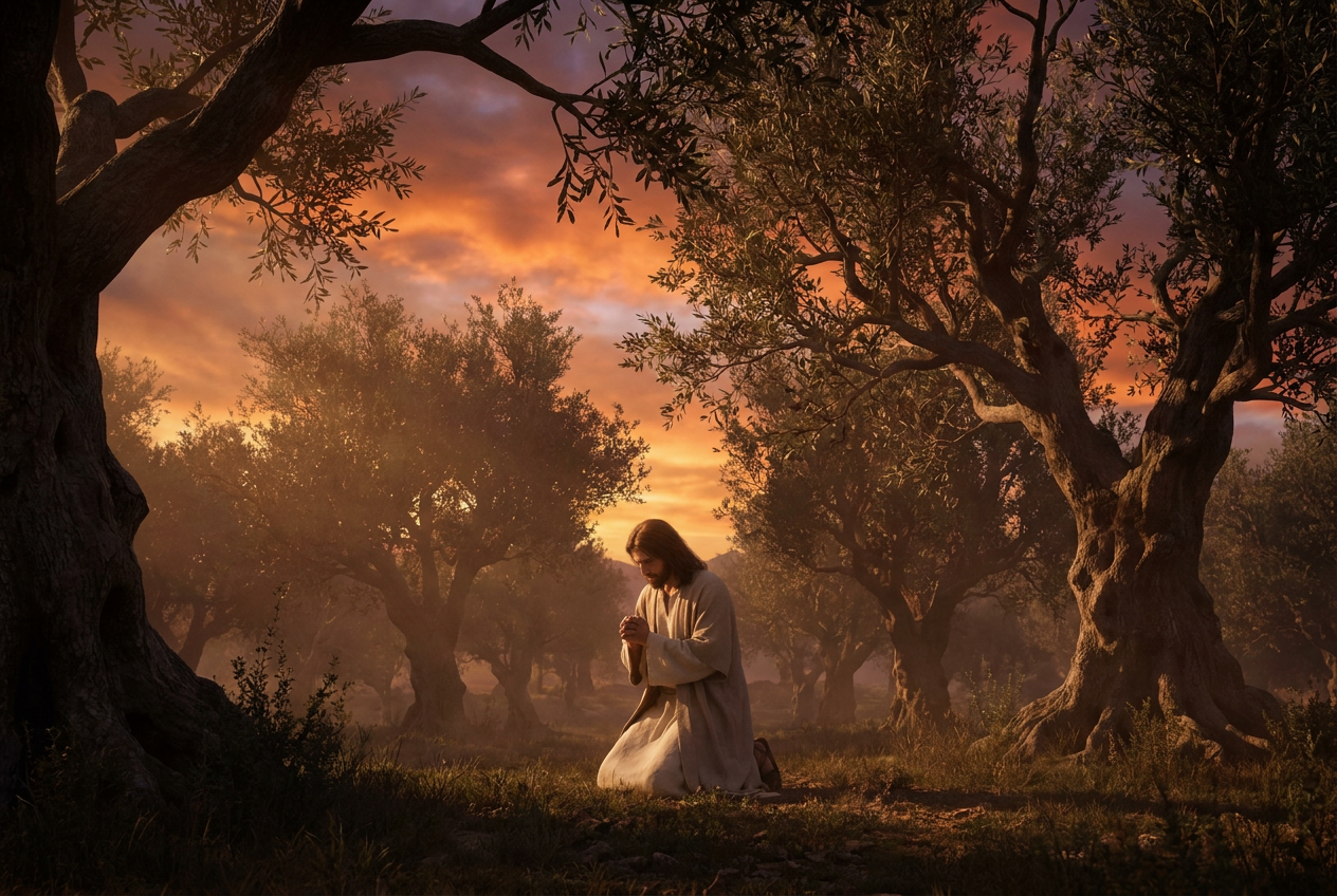 Jesus kneels alone in prayer among old olive trees in the evening light