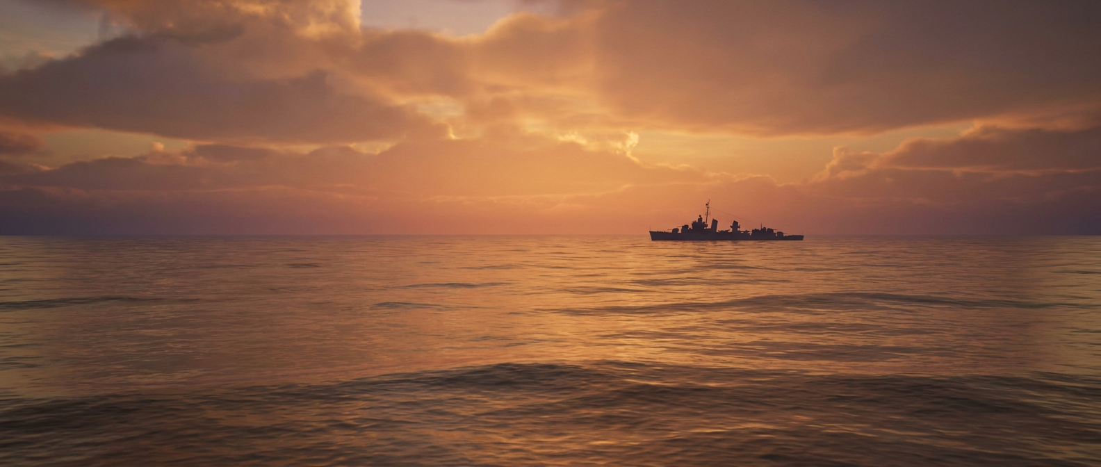 Eine ruhige Wasserfläche im Pazifik liegt bei Sonnenaufgang im goldenen Licht, am Horizont zeichnet sich die Silhouette eines einzelnen Marinezerstörers ab